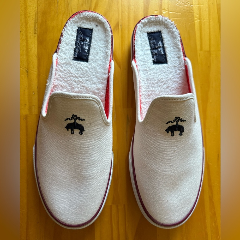 Sperry Cream Slip-On Loafers with Navy Blue Embroidery